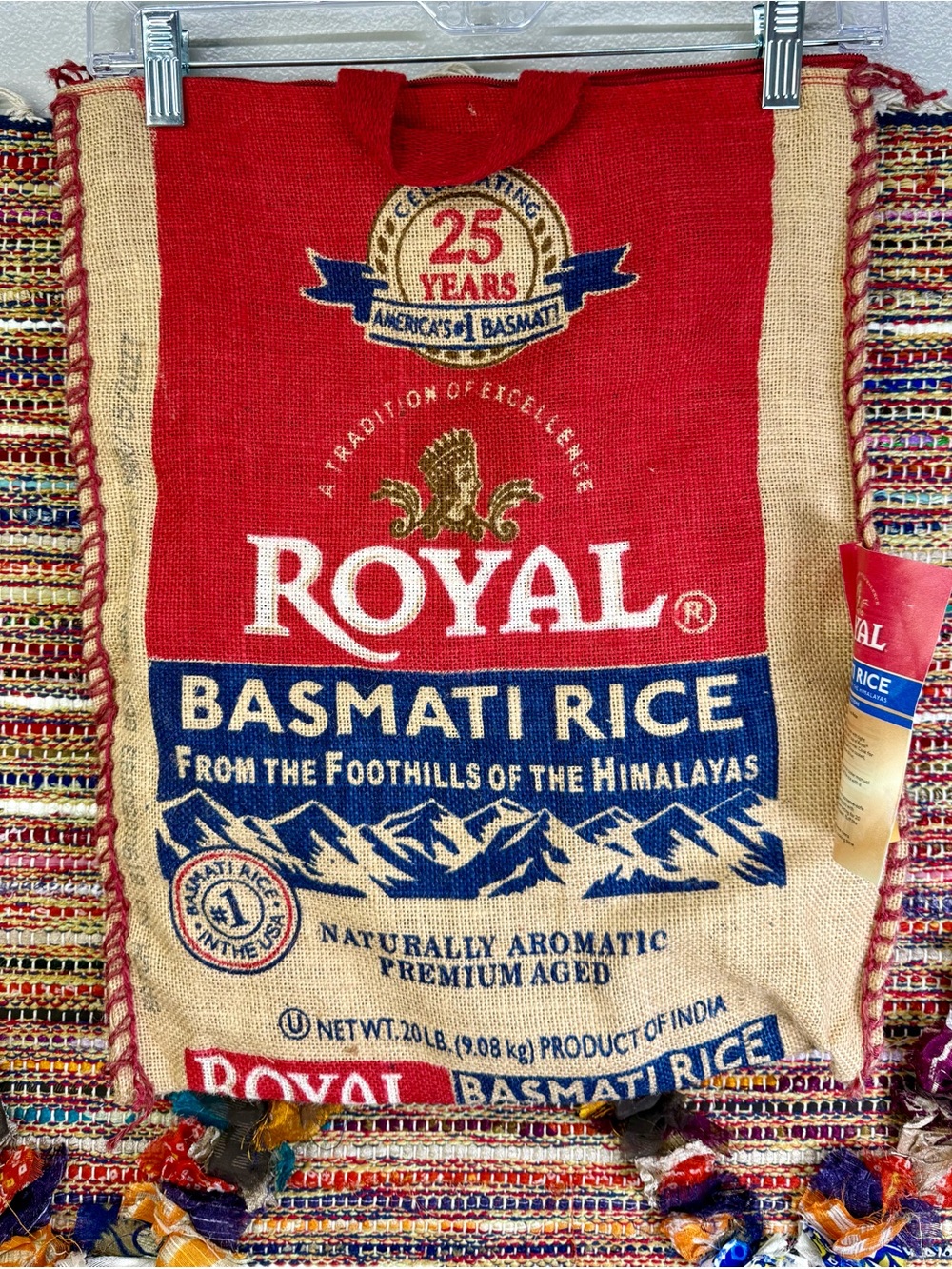 20lb Royal Basmati Rice burlap sack with handles and a zipper repurposed tote